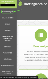 Demonstração da barra lateral e a localização da opção "Meus serviços"