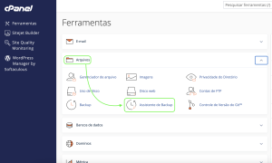 Representação do painel de controle e a localização de "Assistente de Backup"