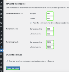 Representação das configurações de largura e altura de cada tamanho de imagem