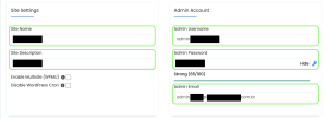 Representação dos campos que precisam ser preenchidos nas áreas "Site settings" e "Admin account"