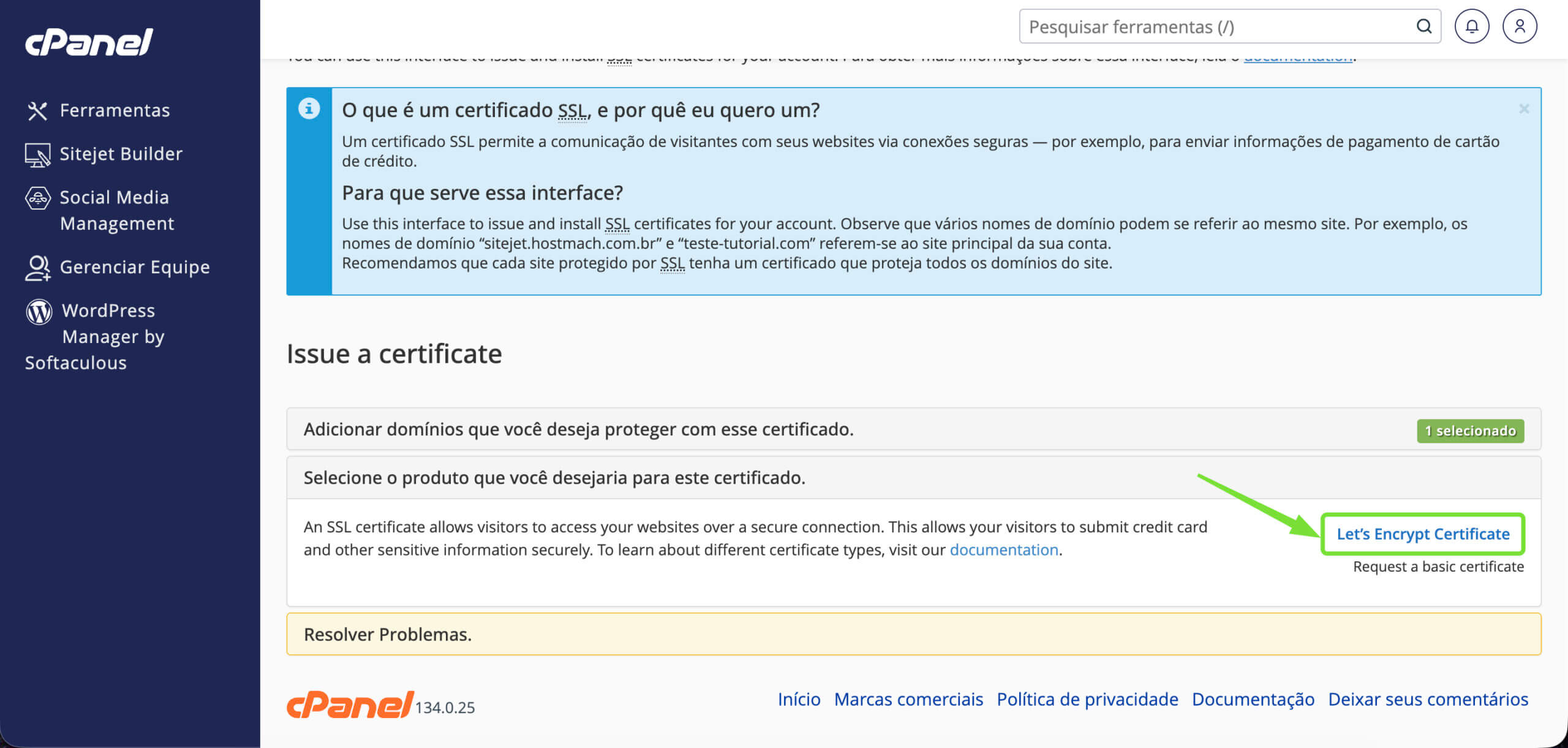 Representação da localização da opção "Let's Encrypt Certificate"