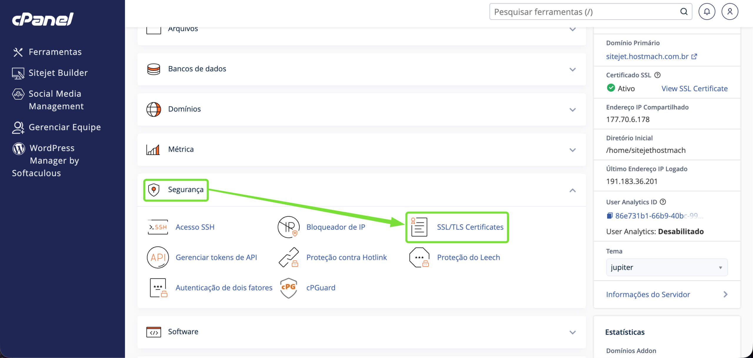 Representação da localização da opção "Certificados SSL/TLS"