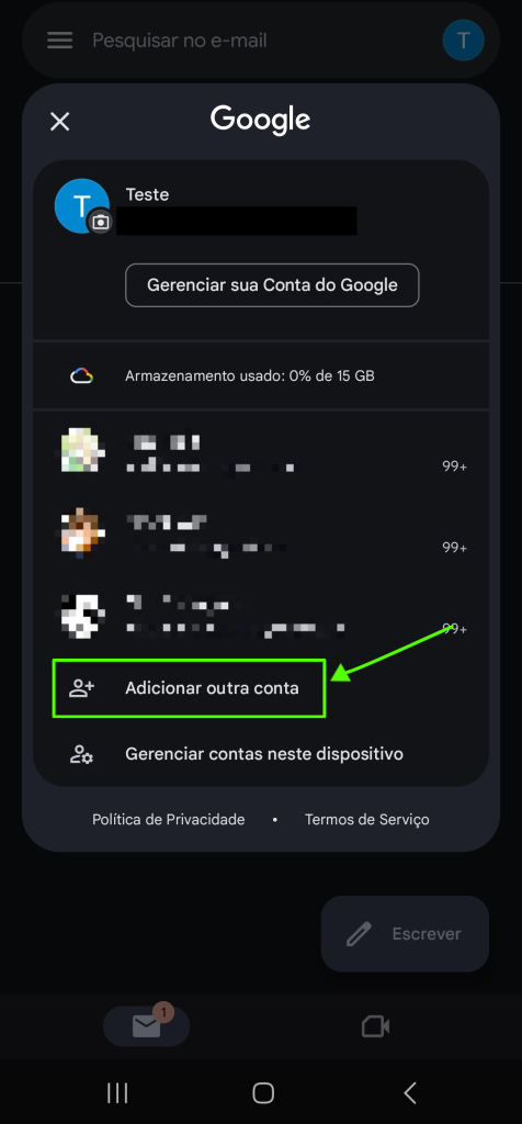 Representação da lista de e-mails e a localização do botão "Adicionar outra conta"