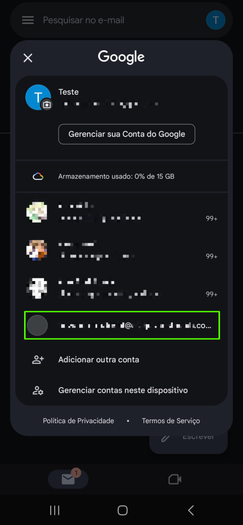 Representação da lista de e-mails com a nova conta