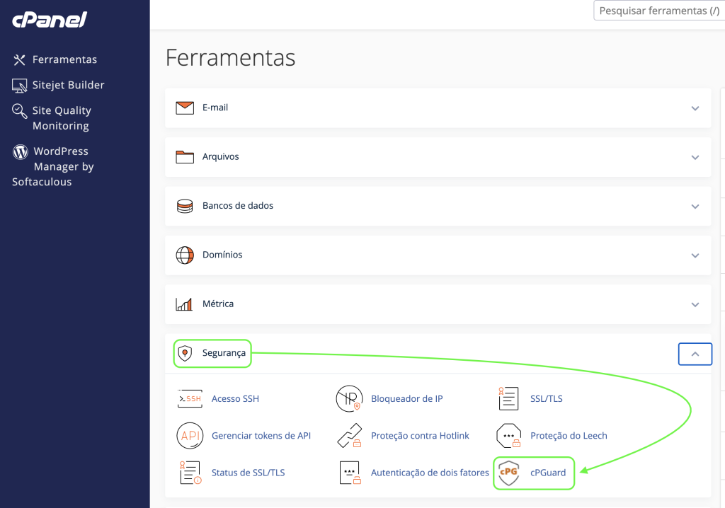 Representação tela inicial, da localização da aba "Segurança" e da opção "cPguard"