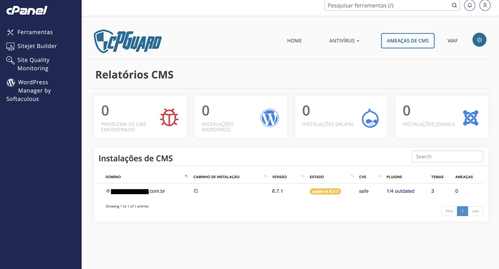 Representação da tela de "Ameaças CMS"