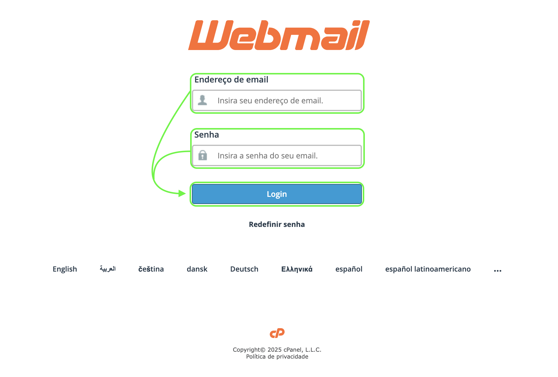 Representação da tela de login do Webmail