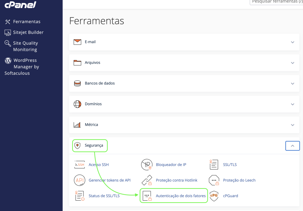 Representação da tela inicial do cPanel e a localização da aba "Segurança" e da opção "Autenticação de dois fatores"