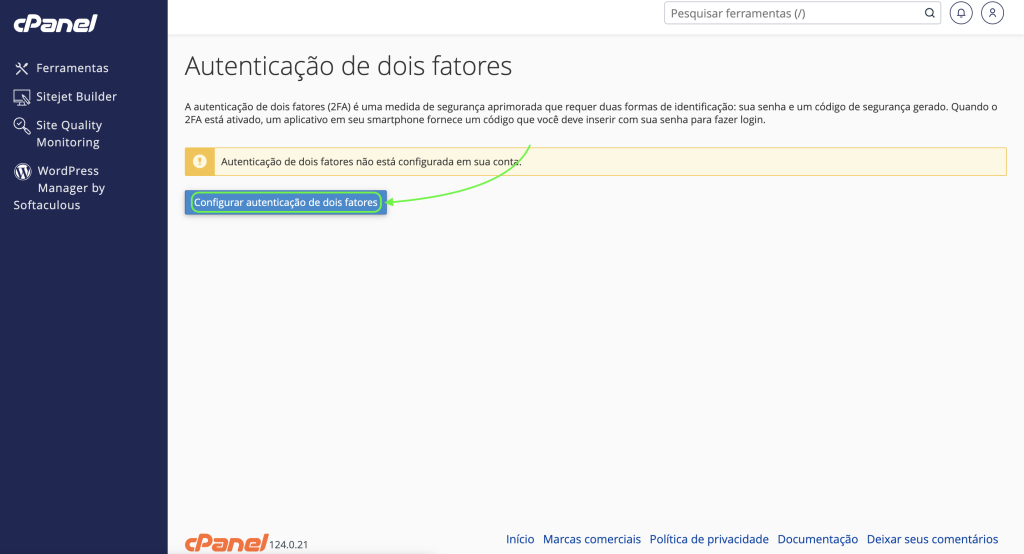 Representação da localização do botão "Configurar autenticação de dois fatores"