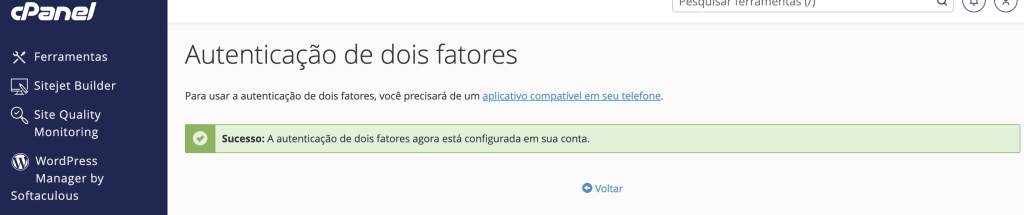 Representação da mensagem de ativação da autenticação de dois fatores