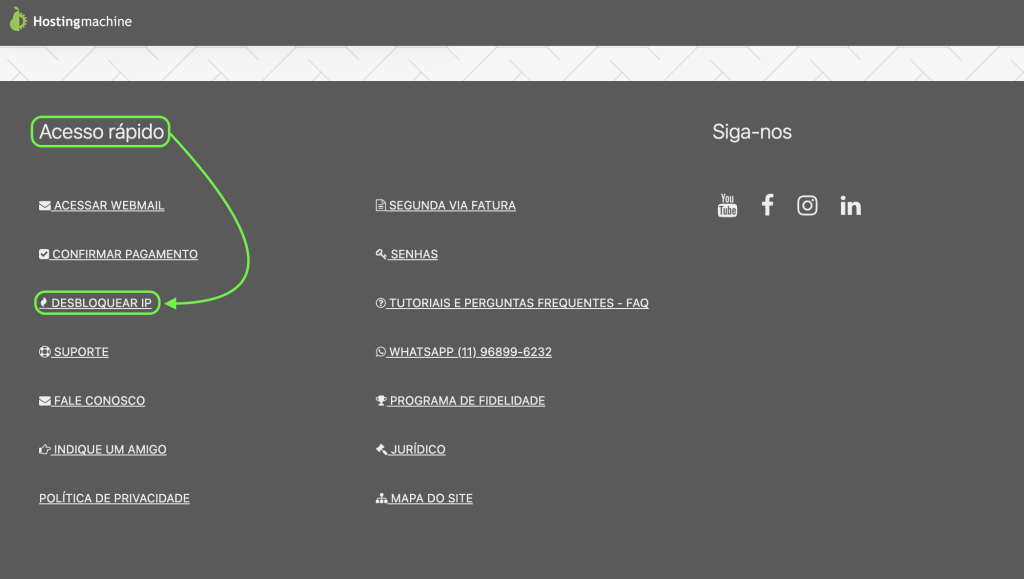Representação da área "Acesso rápido" e a localização da opção "Desbloquear IP"
