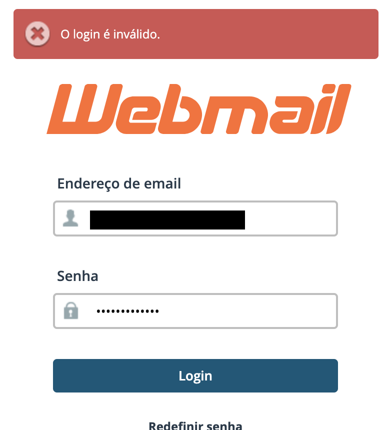 Representação do aviso de erro no login no Webmail