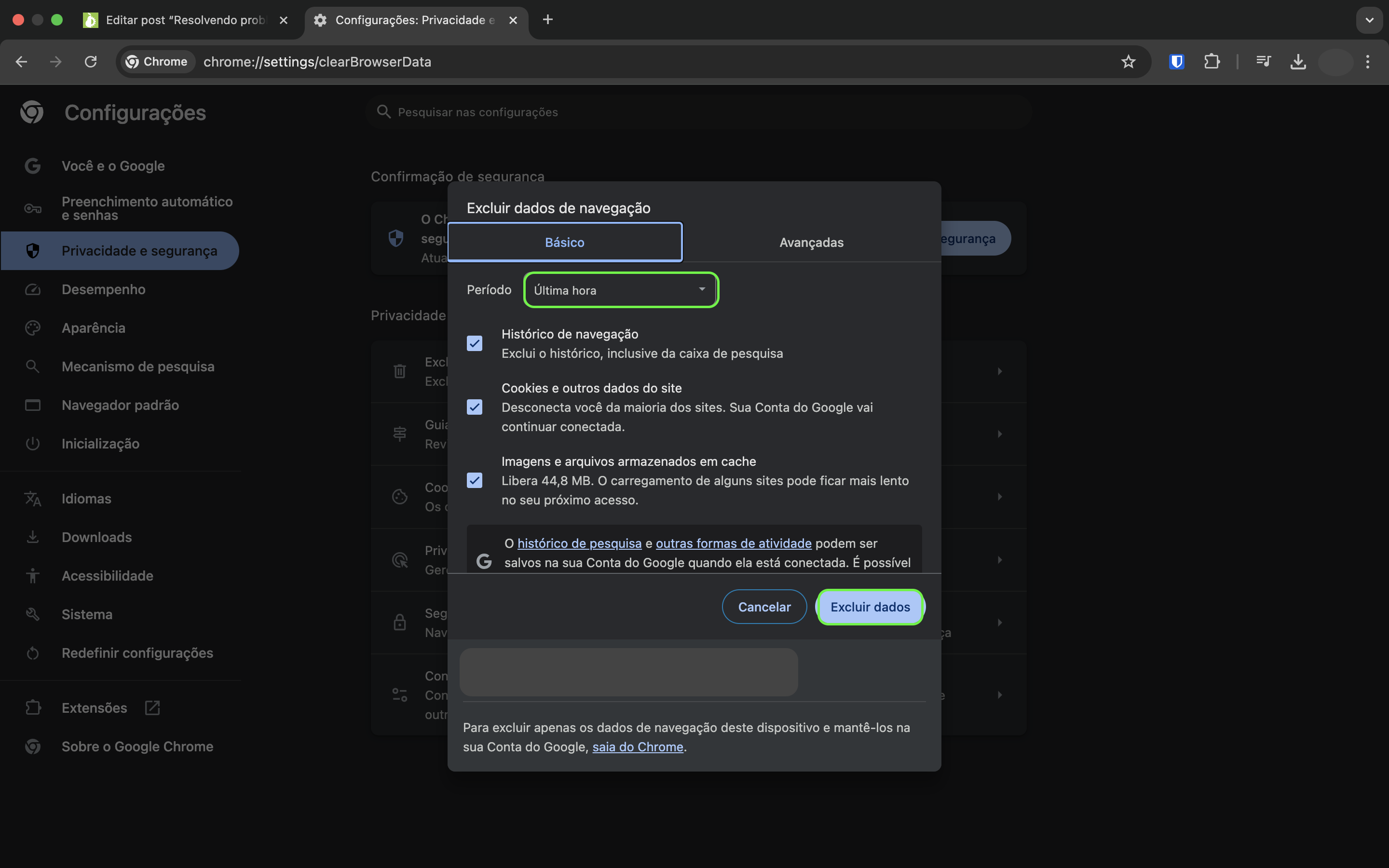 Representação da janela da opção "Excluir dados do navegador"