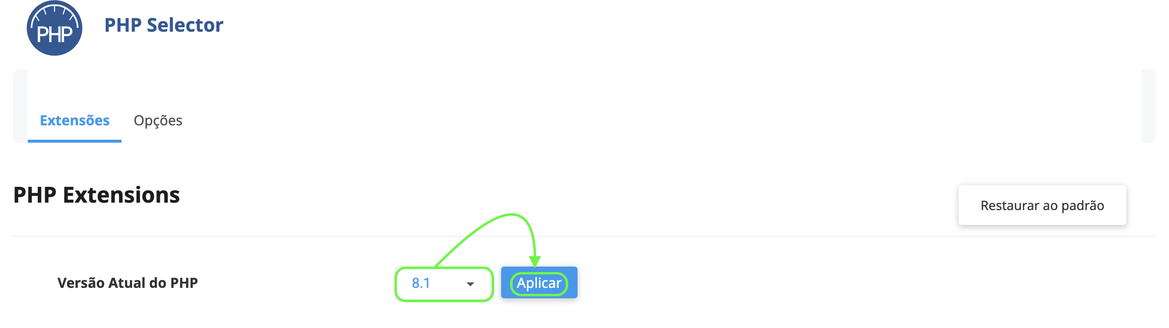 Representação da página "Selecionar versão do PHP"