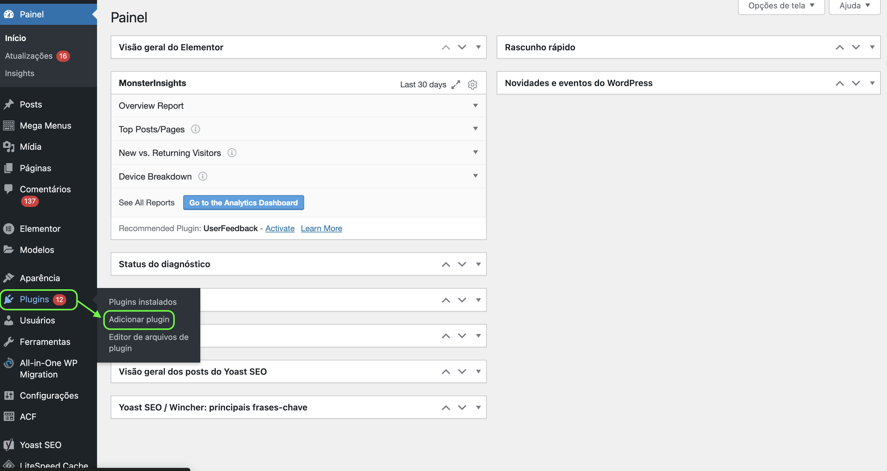 Representação da tela inicial WP e localização dos botões "Plugins" e "Adicionar plugin"
