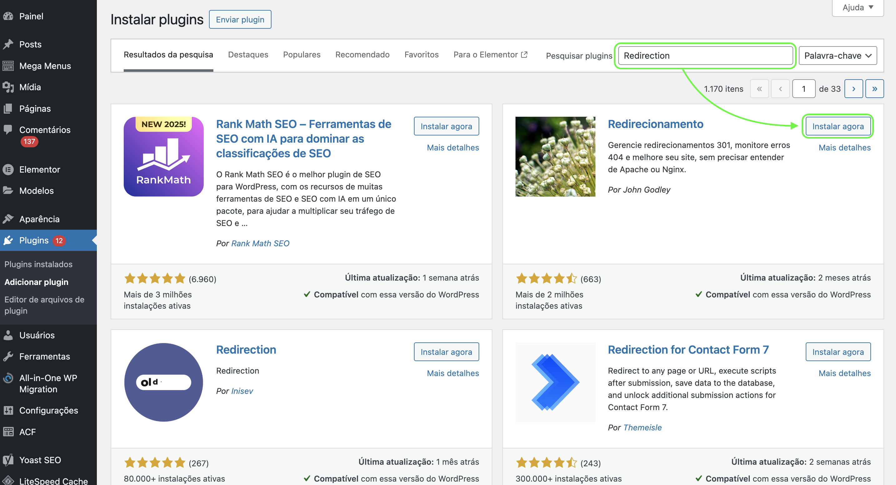 Representação da tela dos plugins e do plugin "Redirecionamento"