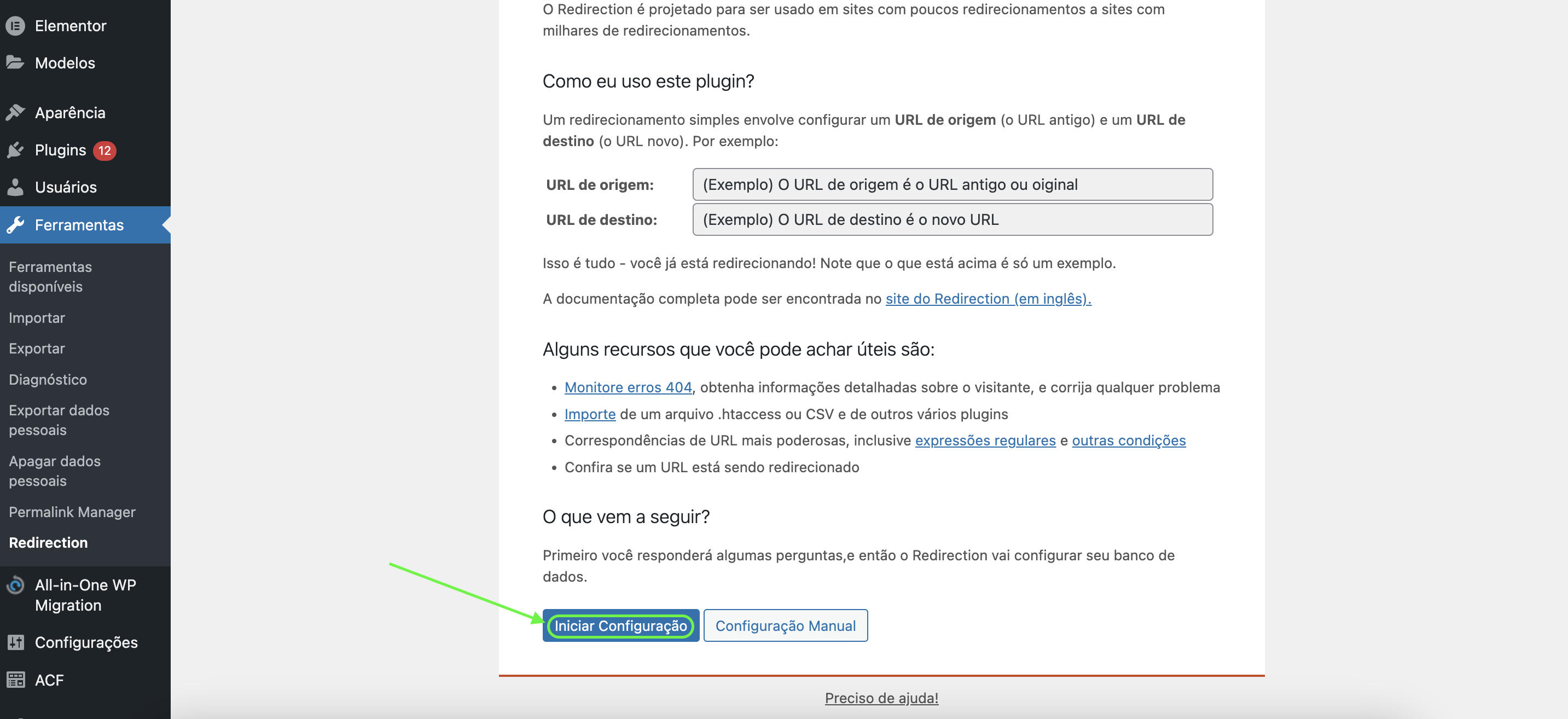 Representação da localização do botão "Iniciar configuração"