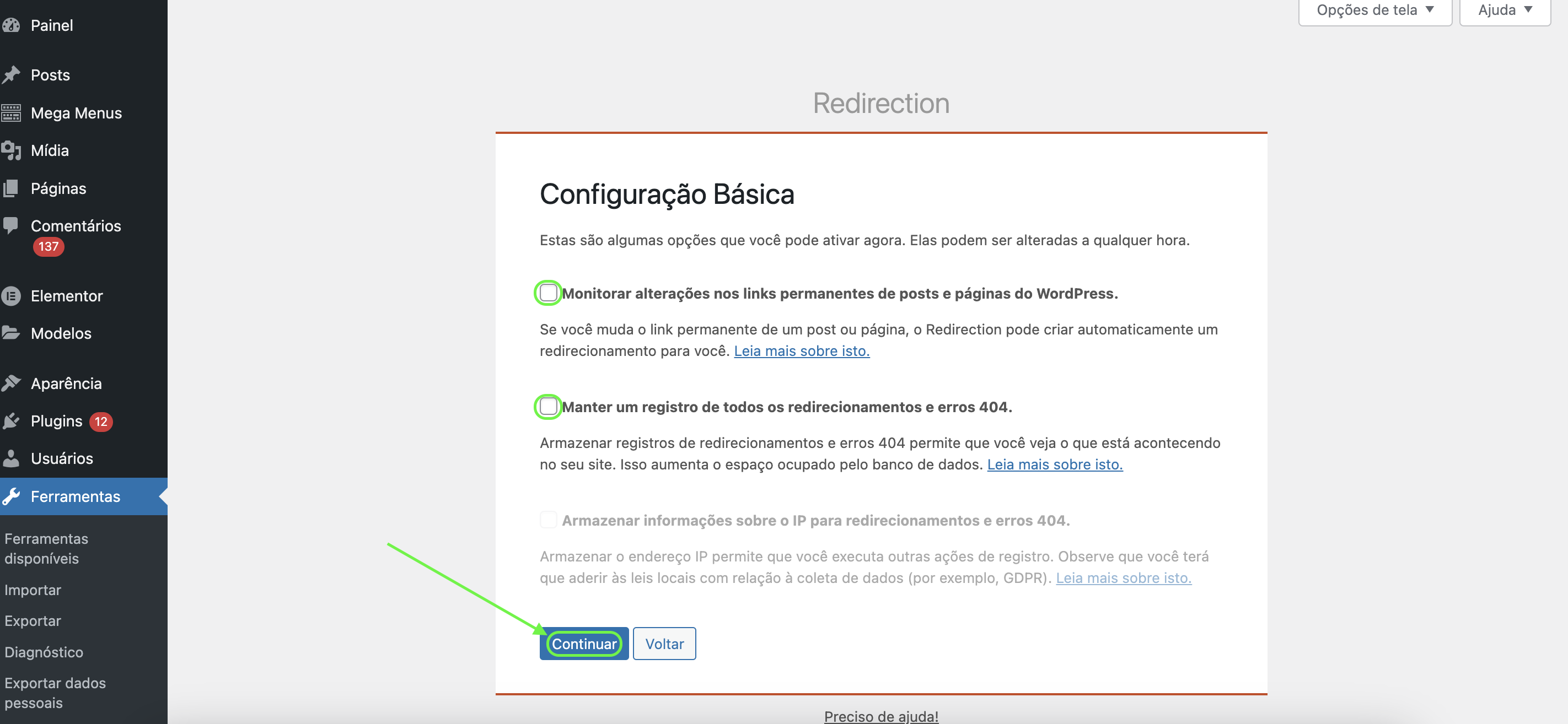 Representação da tela de configuração básica 