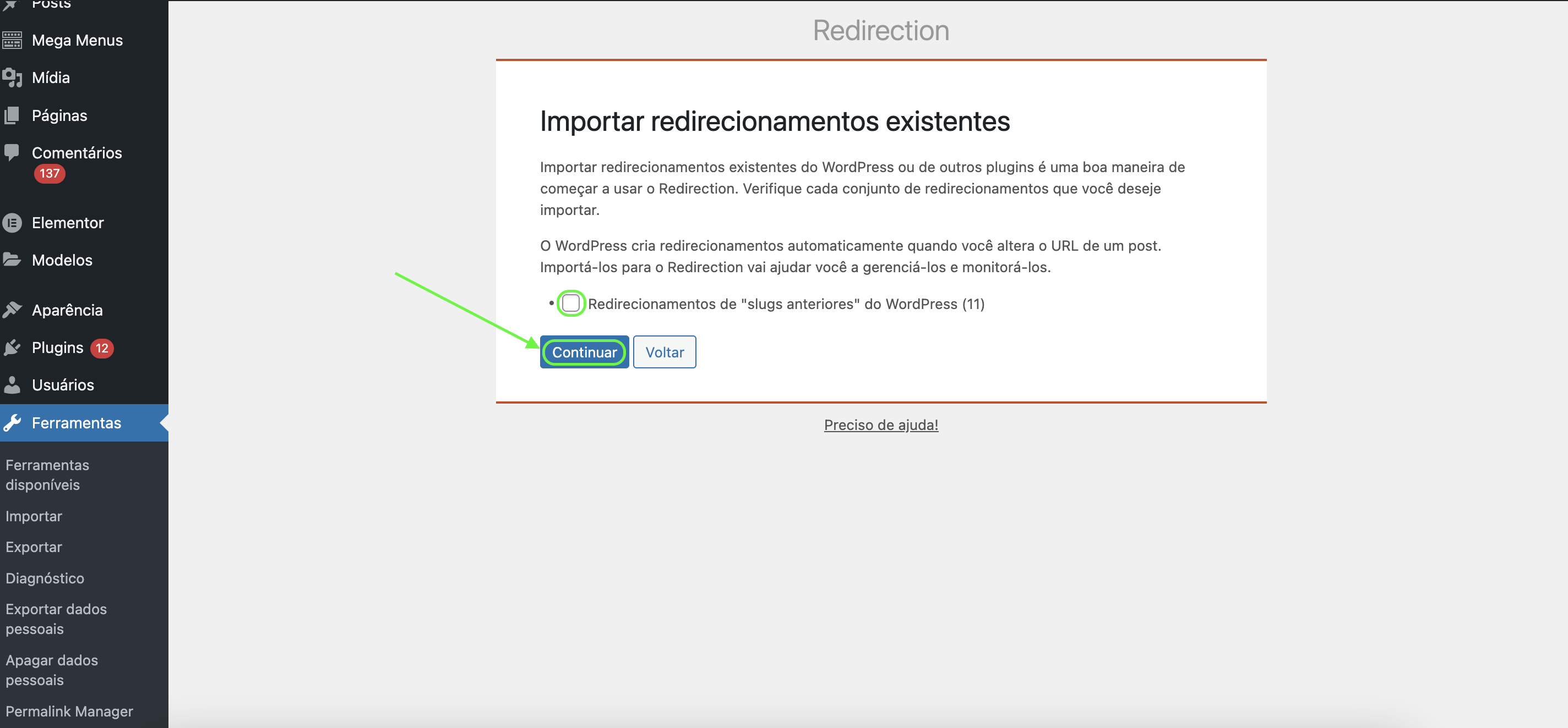 Representação da tela de importação de redirecionamentos já existentes
