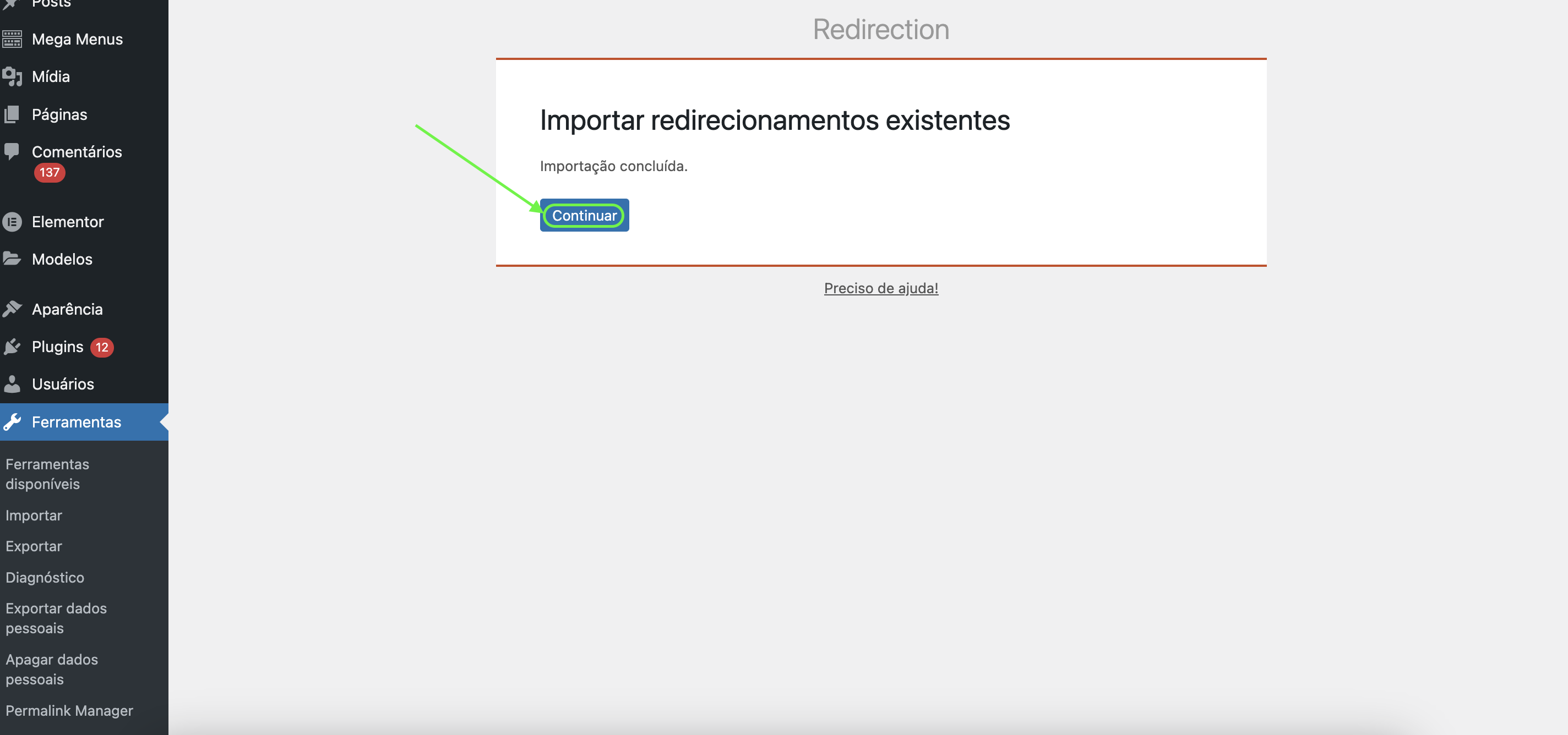 Tela de conclusão de importação de redirecionamentos já existentes 