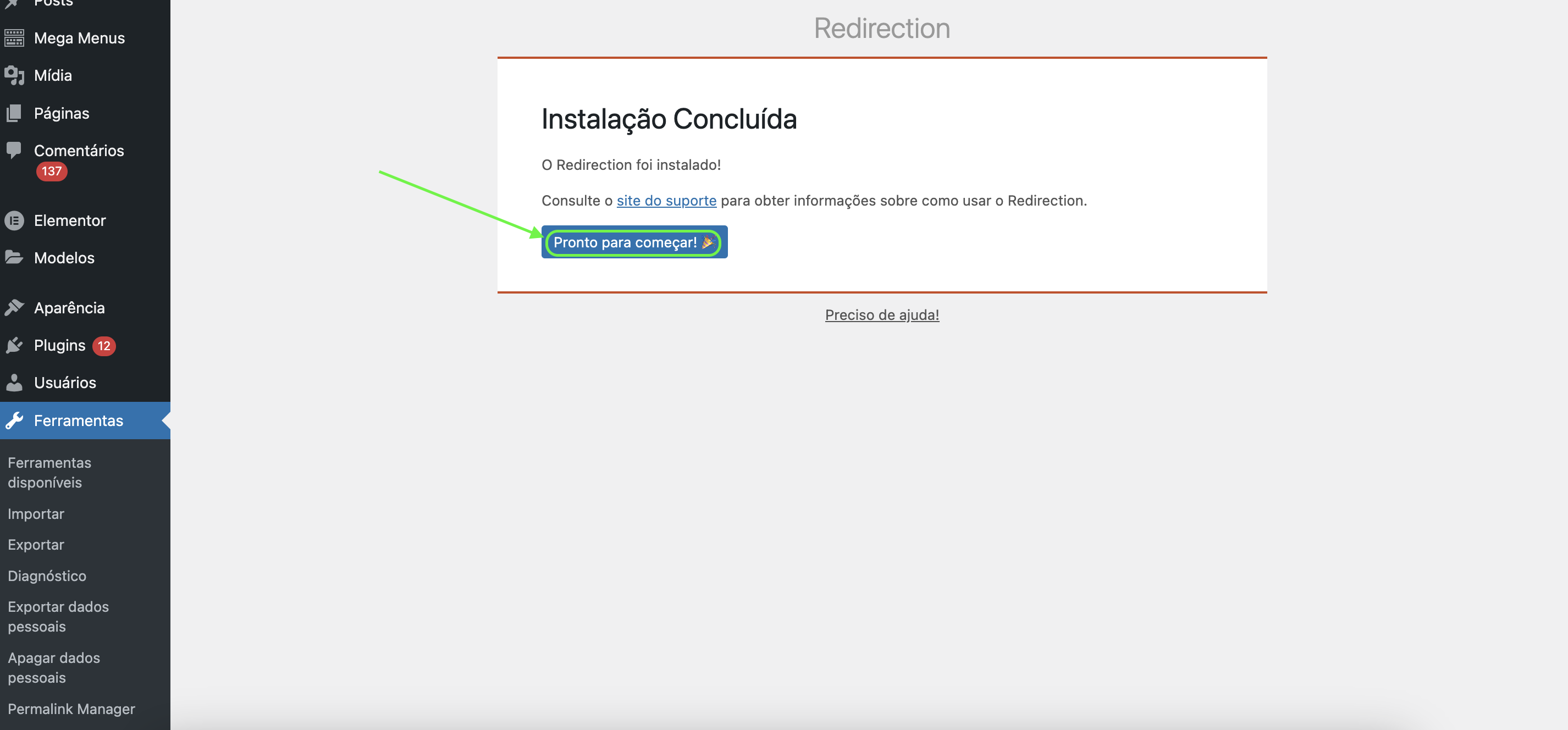 Tela de conclusão de instalação 