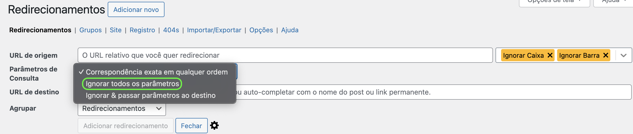 Representação das opções de parâmetros e indicação de parâmetro
