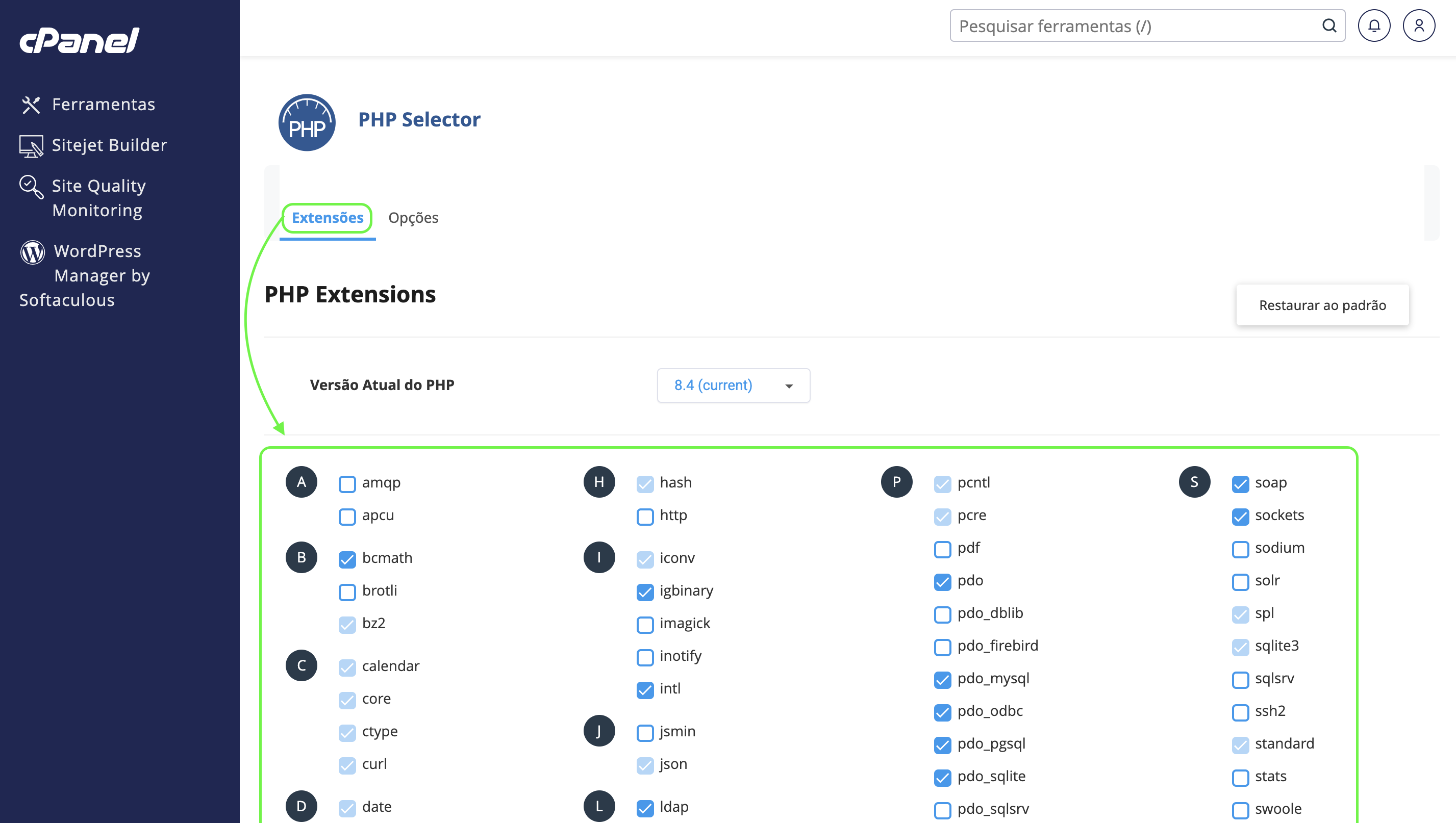Representação da sessão "extensões do PHP" com as extensões sendo exibidas