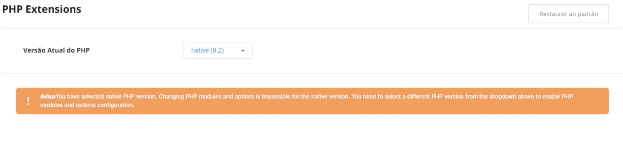 Representação da mensagem de aviso exibida quando se precisa alterar a versão do PHP para ver as extensões do PHP