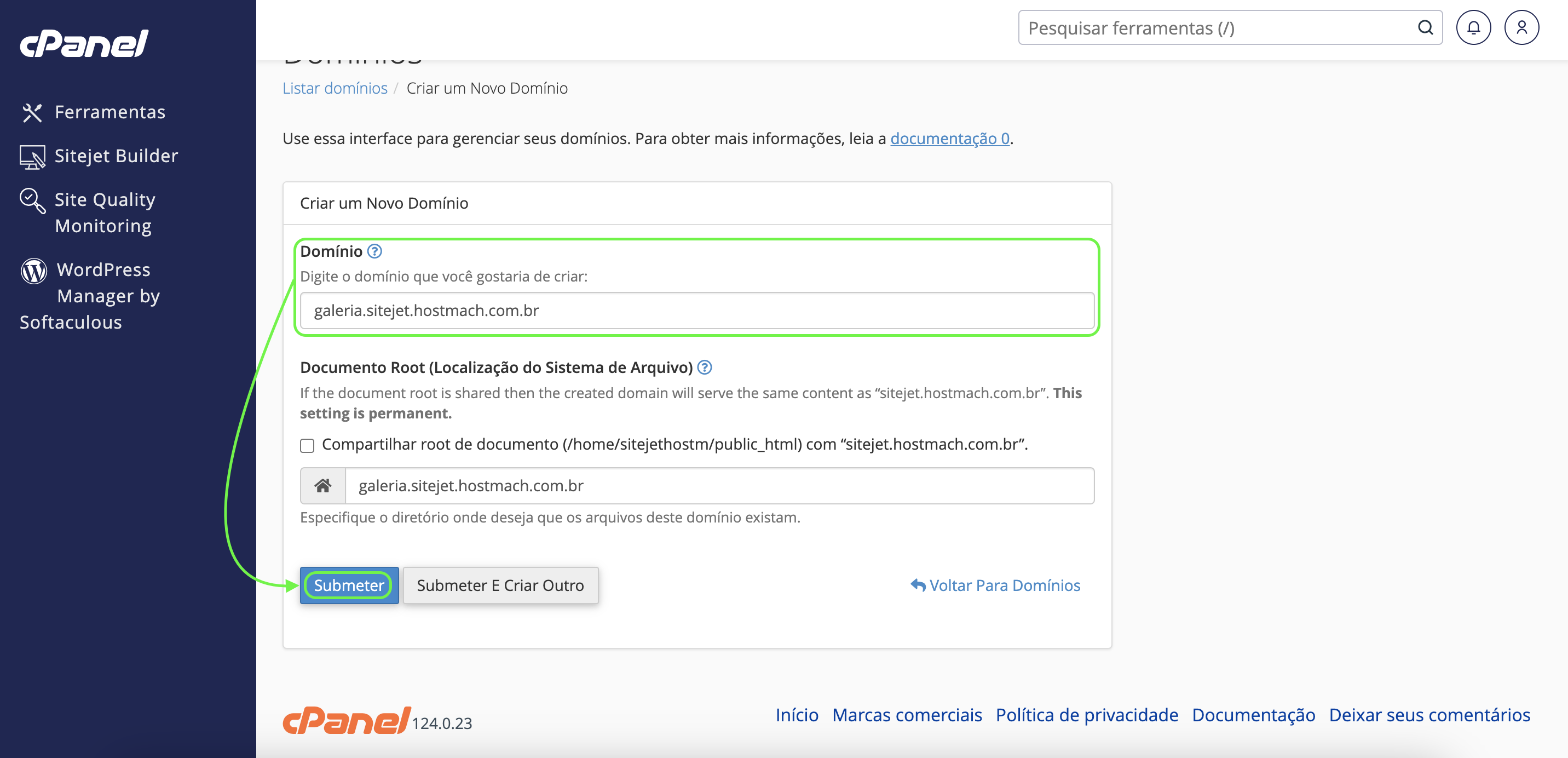 Representação da etapa para a criação de um subdomínio 