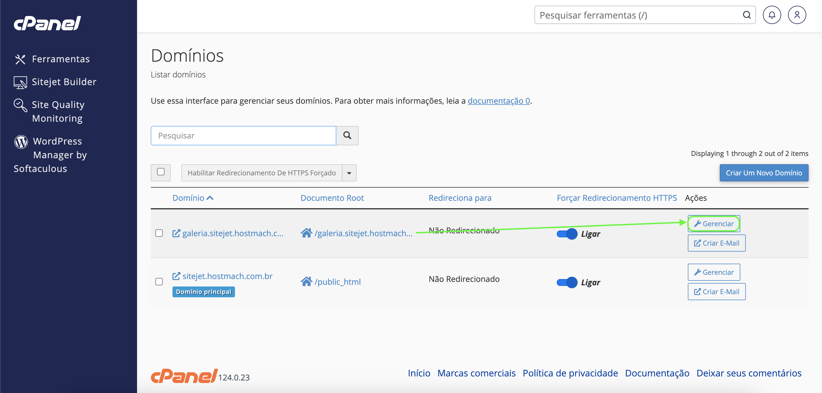 Representação da localização do botão "Gerenciar"