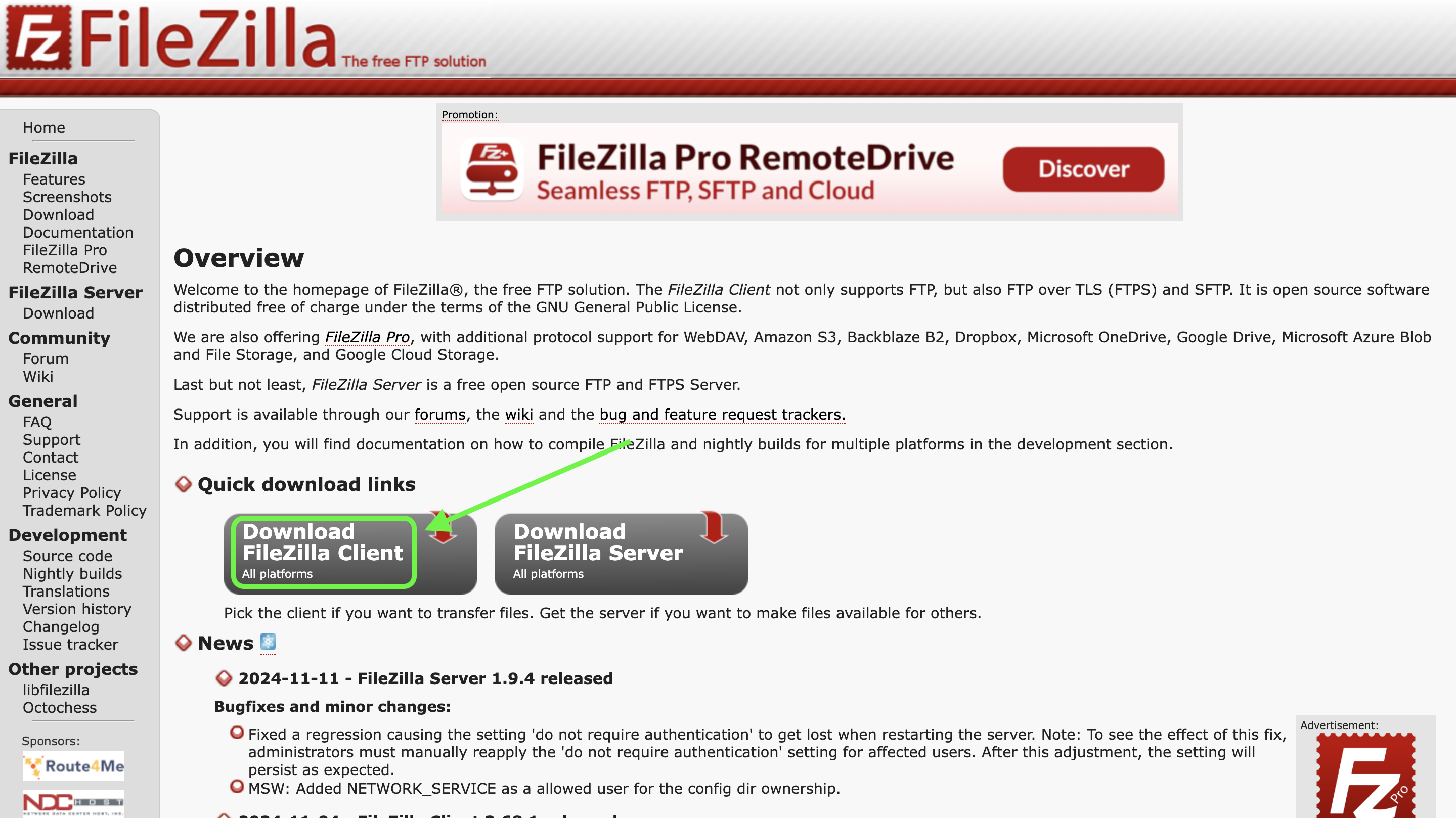 Representação da opção "Download Filezilla Client"