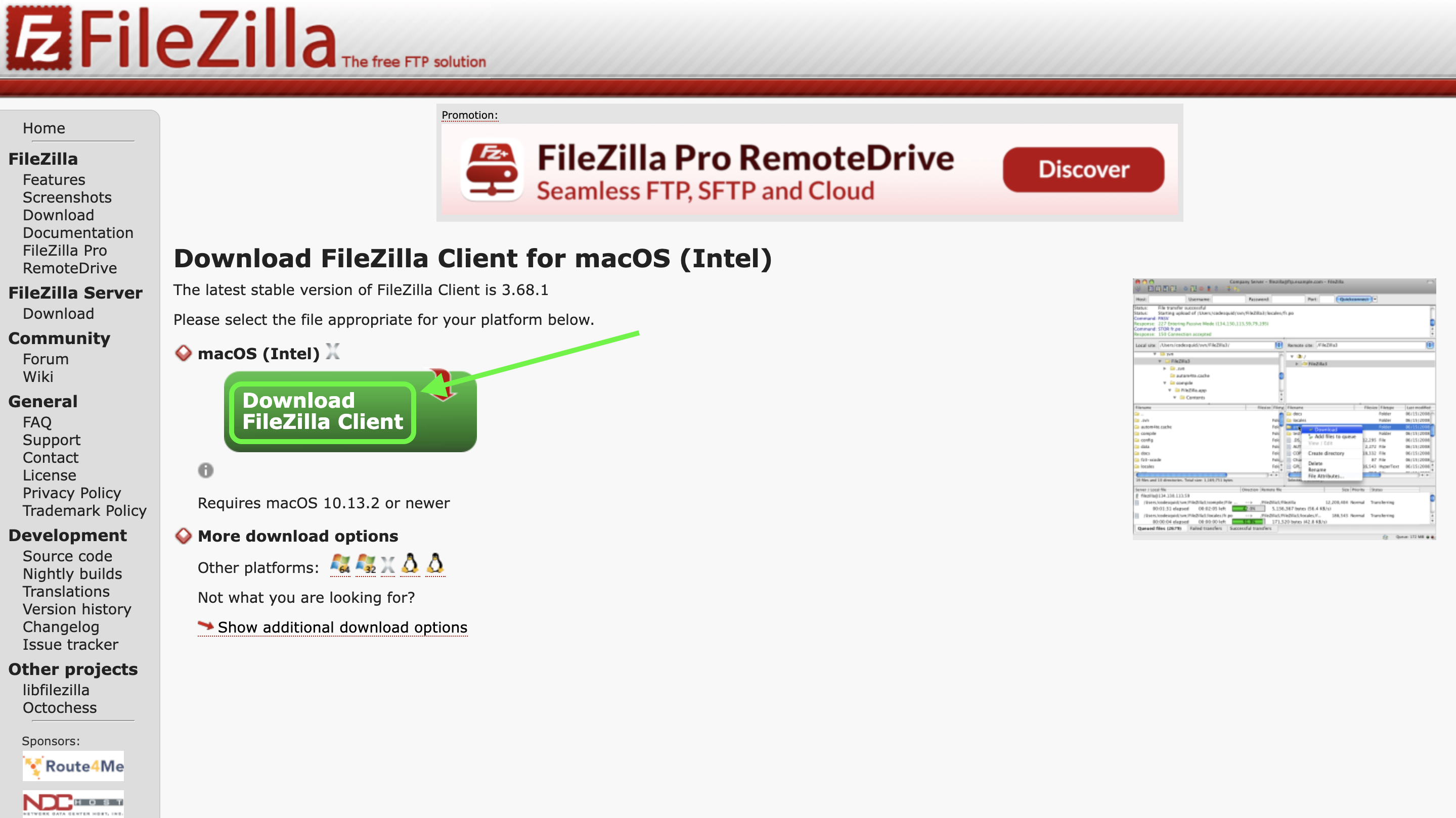 Representação da opção "Download Filezilla Client" para a versão da sua plataforma 