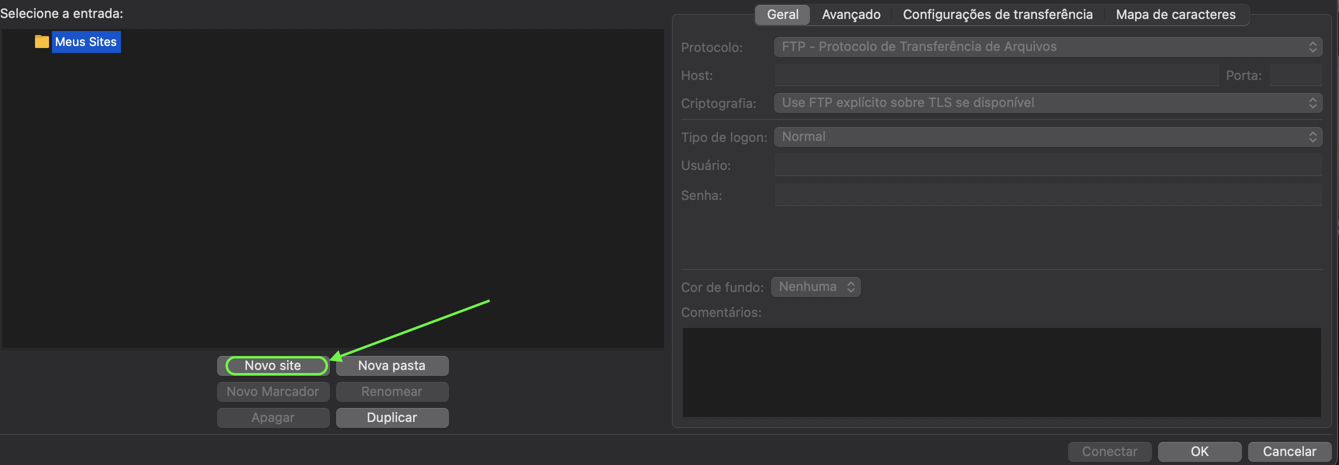 Localização do botão "Novo site"