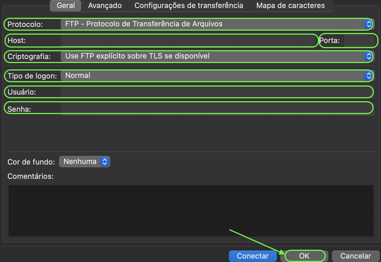 Representação de quais campos precisam ser preenchidos e localização do botão "OK"