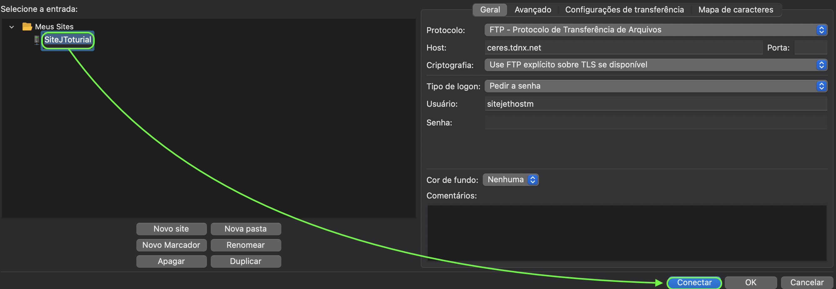 Representação da localização do site e do botão "Conectar"