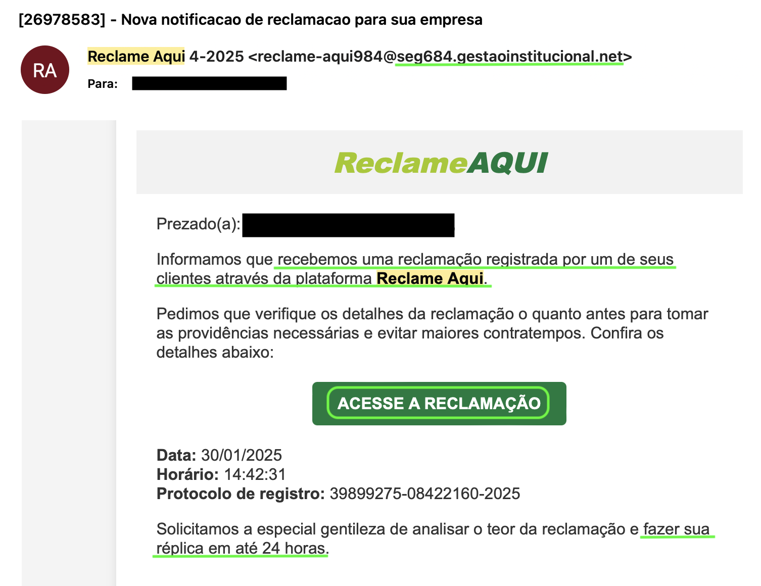 Representação da mensagem de spam enviada pelo "Reclame Aqui"