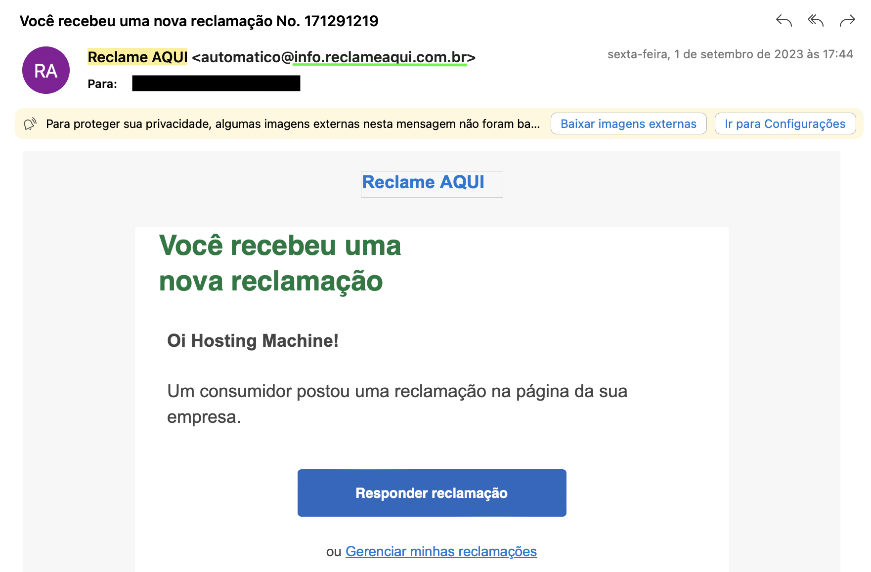 Representação de uma mensagem autêntica do Reclame Aqui