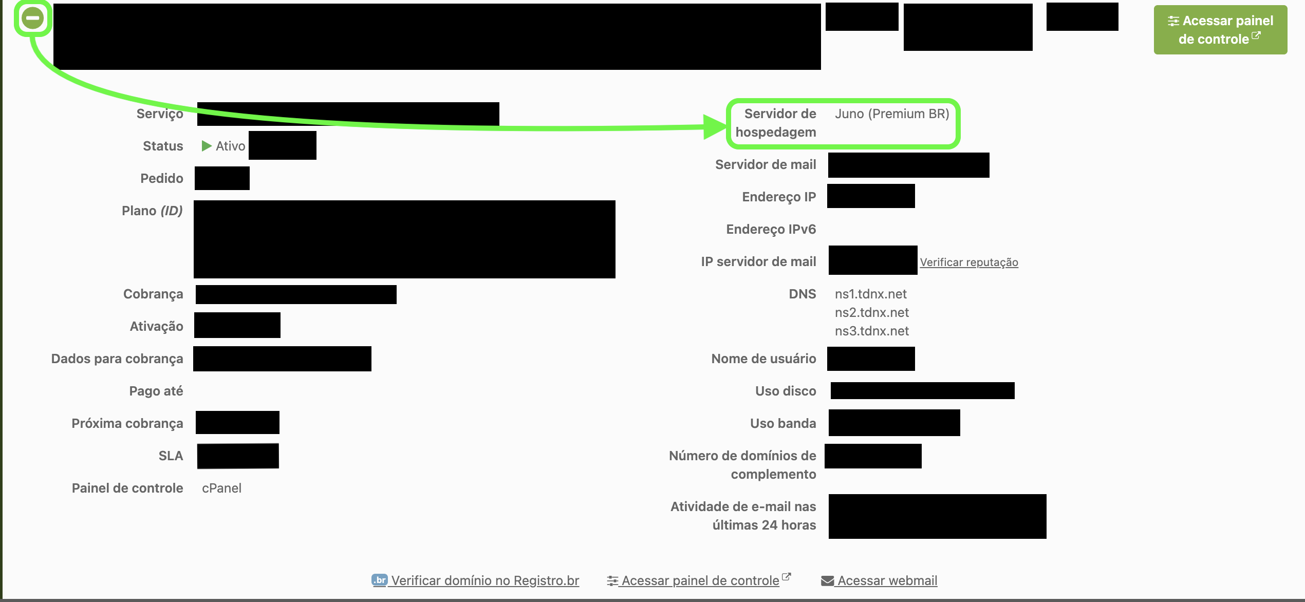 Representação da localização do botão de descrição de plano e onde está localizado o nome do servidor da hospedagem