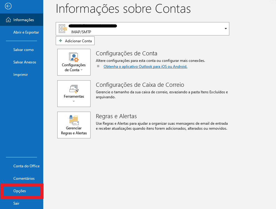 Representação da tela de informações das contas e da localização do botão "Opções"
