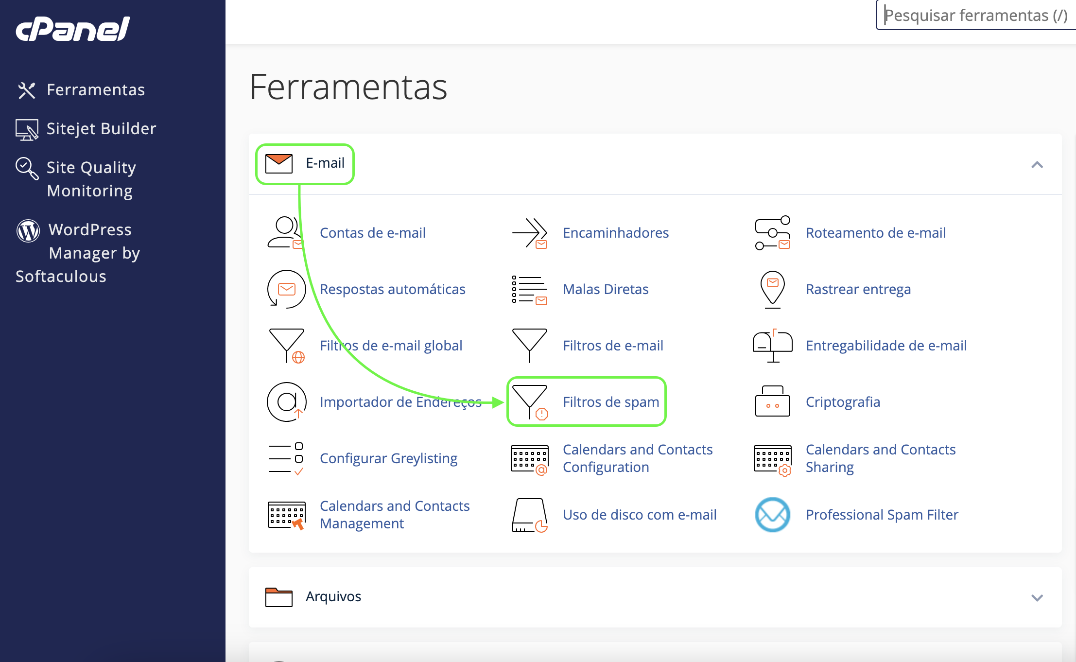 Representação da tela inicial e da localização da opção "Filtros de spam"