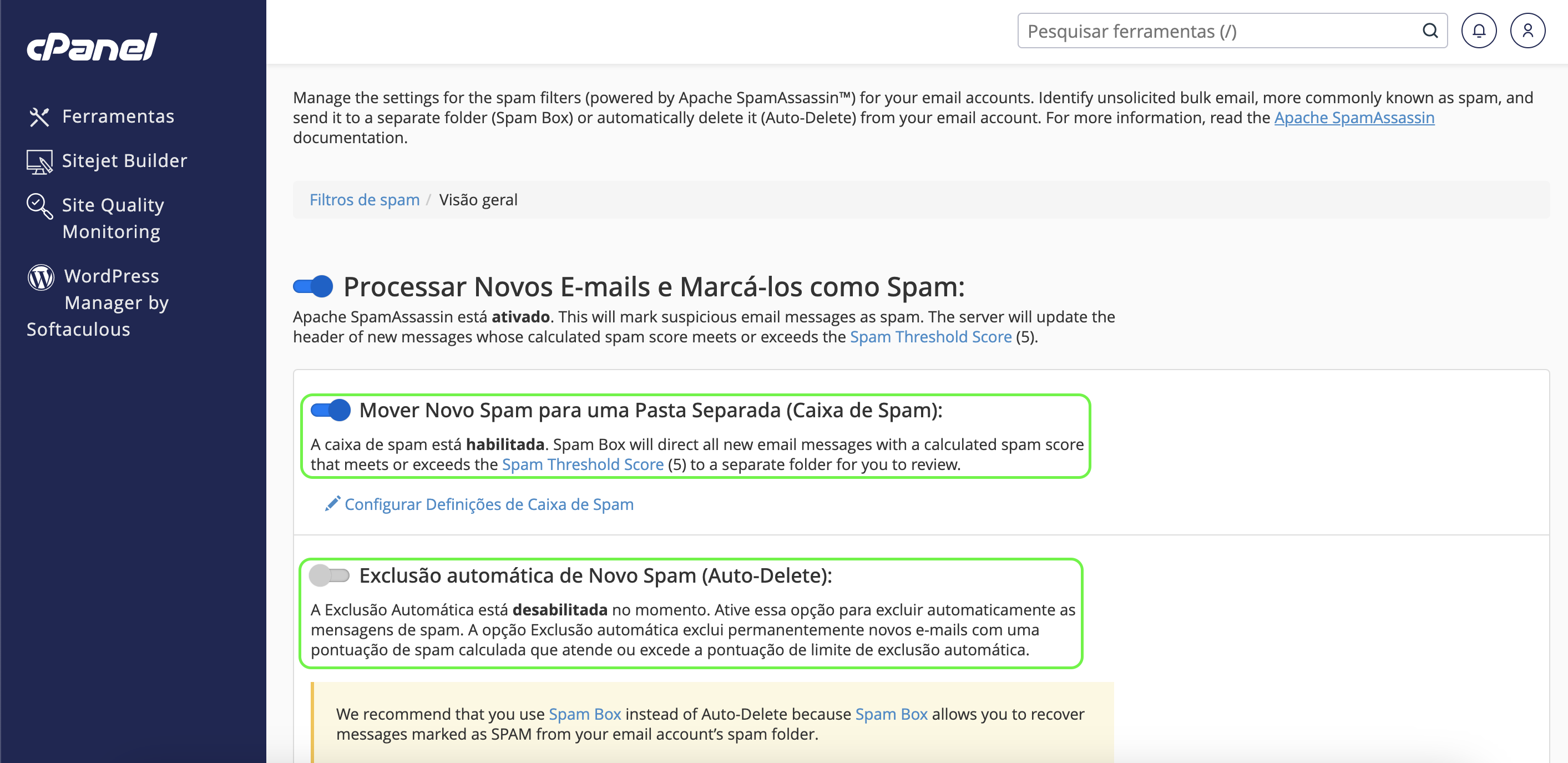 Representação das configurações adicionais do SpamAssassin