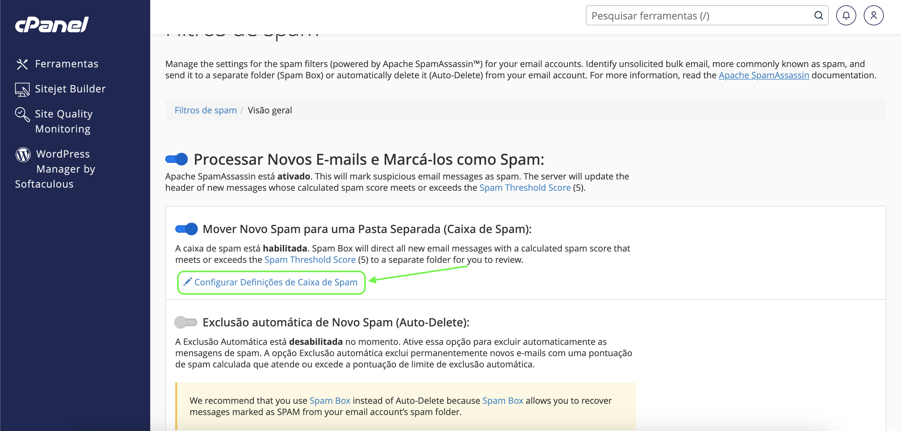 Localização do botão de "configurar definições de caixa de spam"
