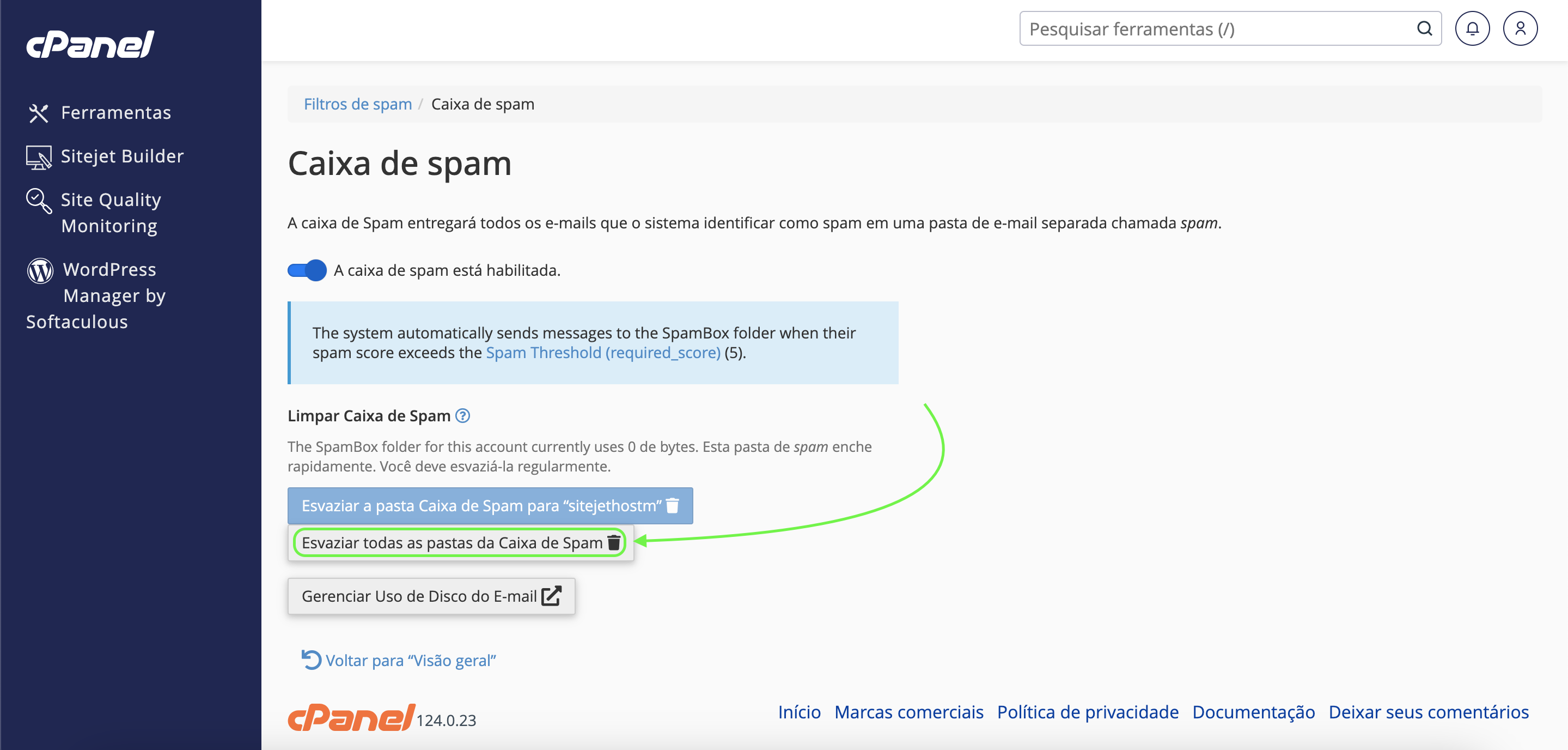 Localização do botão para limpar a caixa de spam