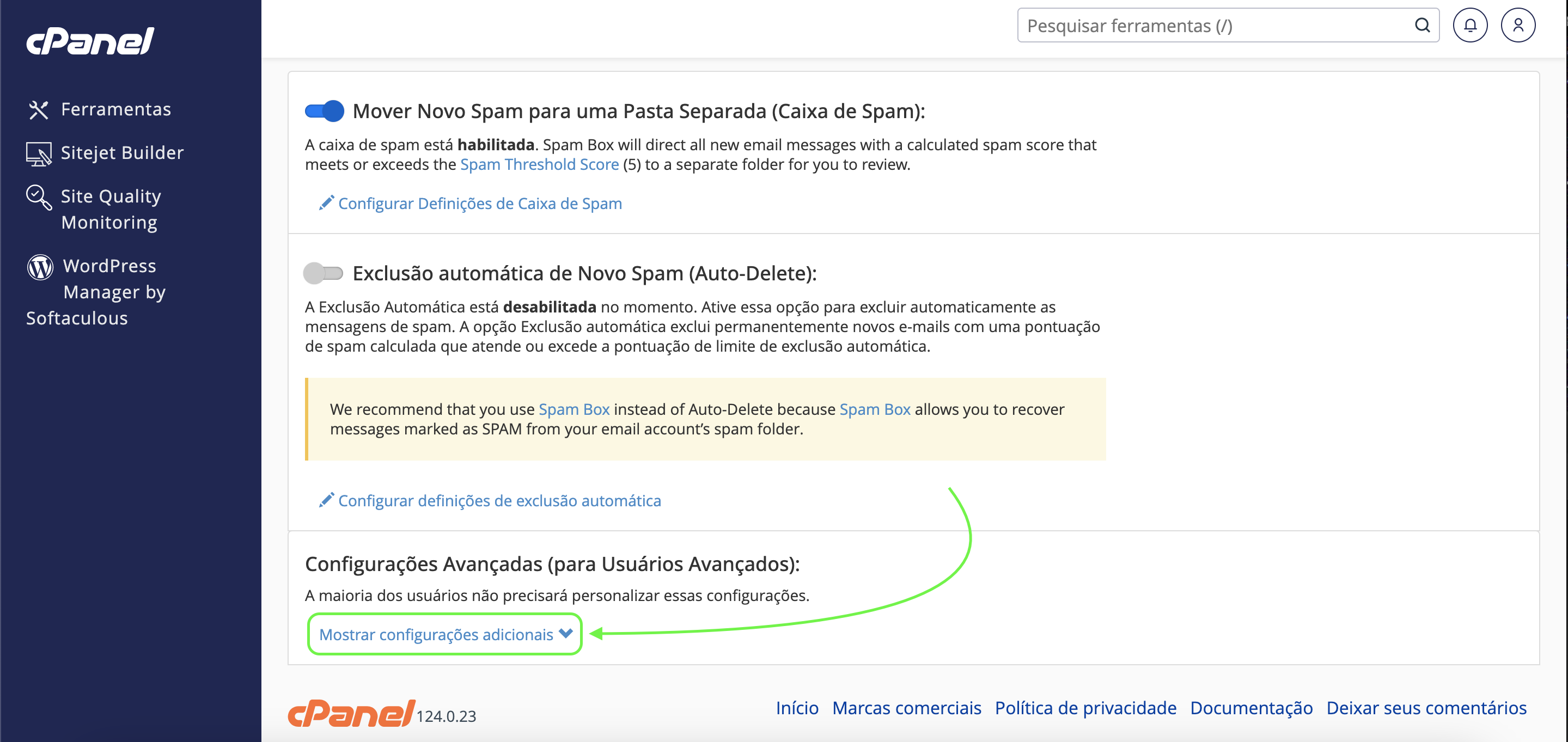 Representação do botão das configurações avançadas 
