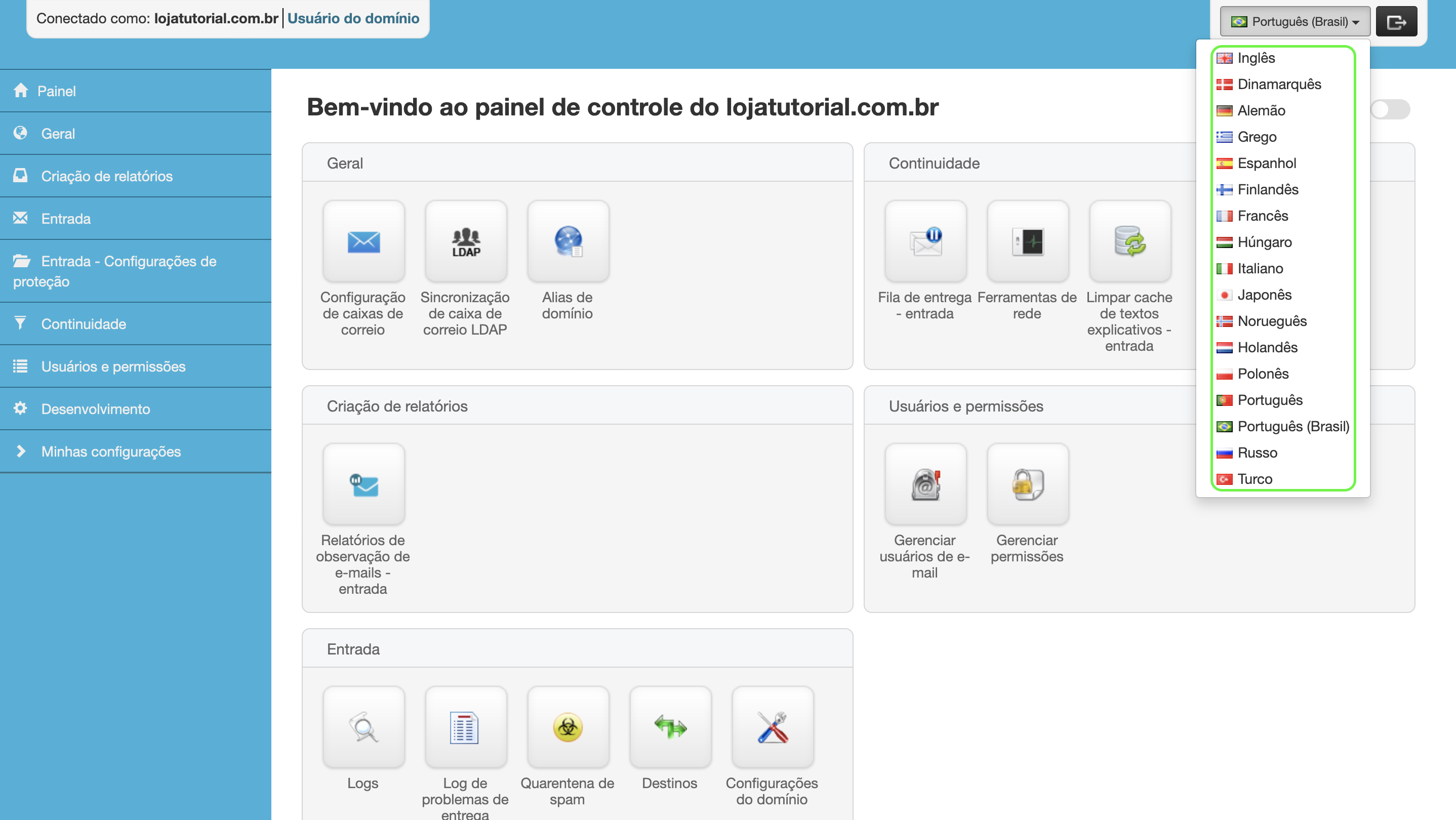 Representação das opções de idioma disponíveis 