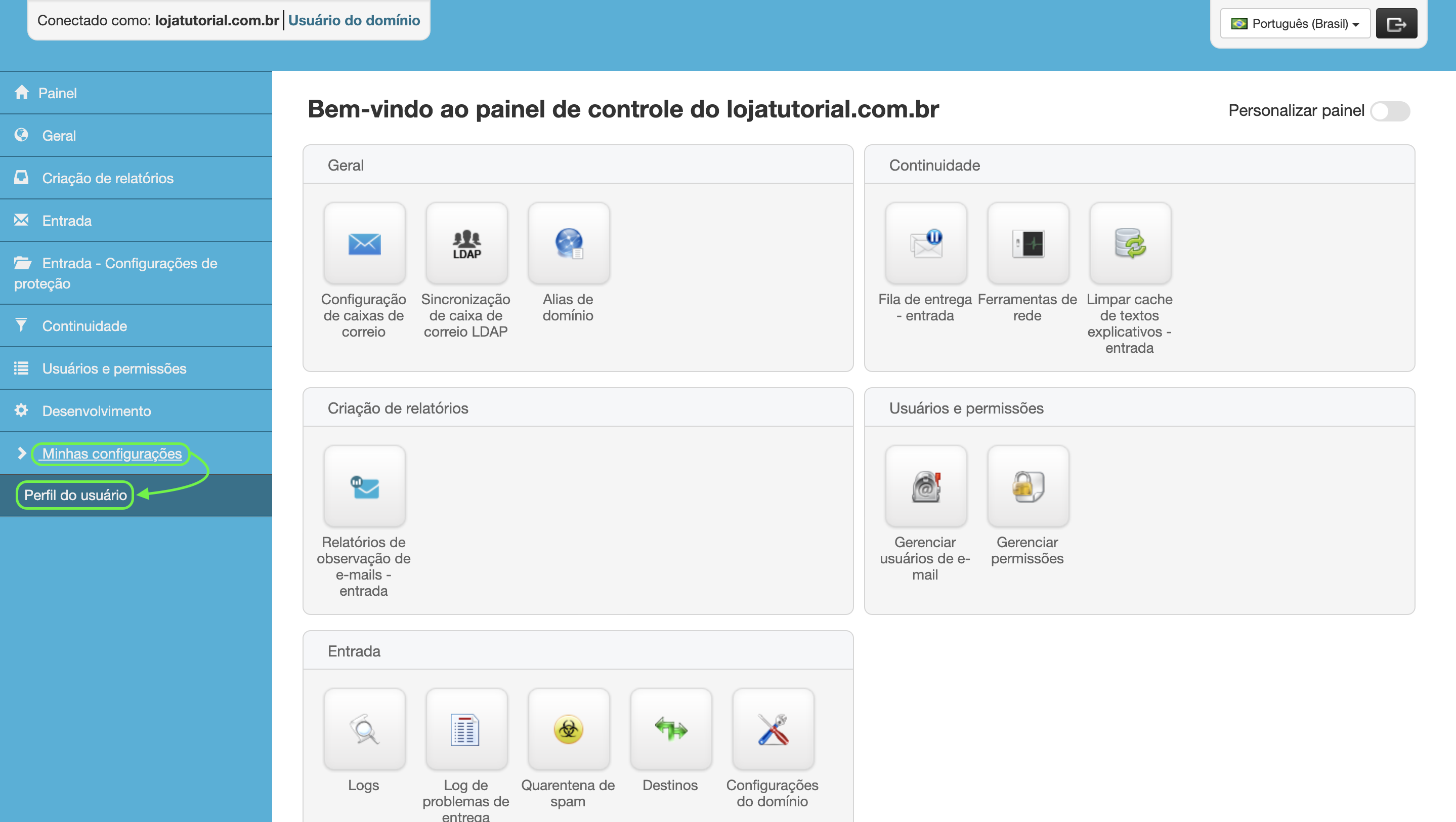 Representação da localização da opção "Perfil do usuário"