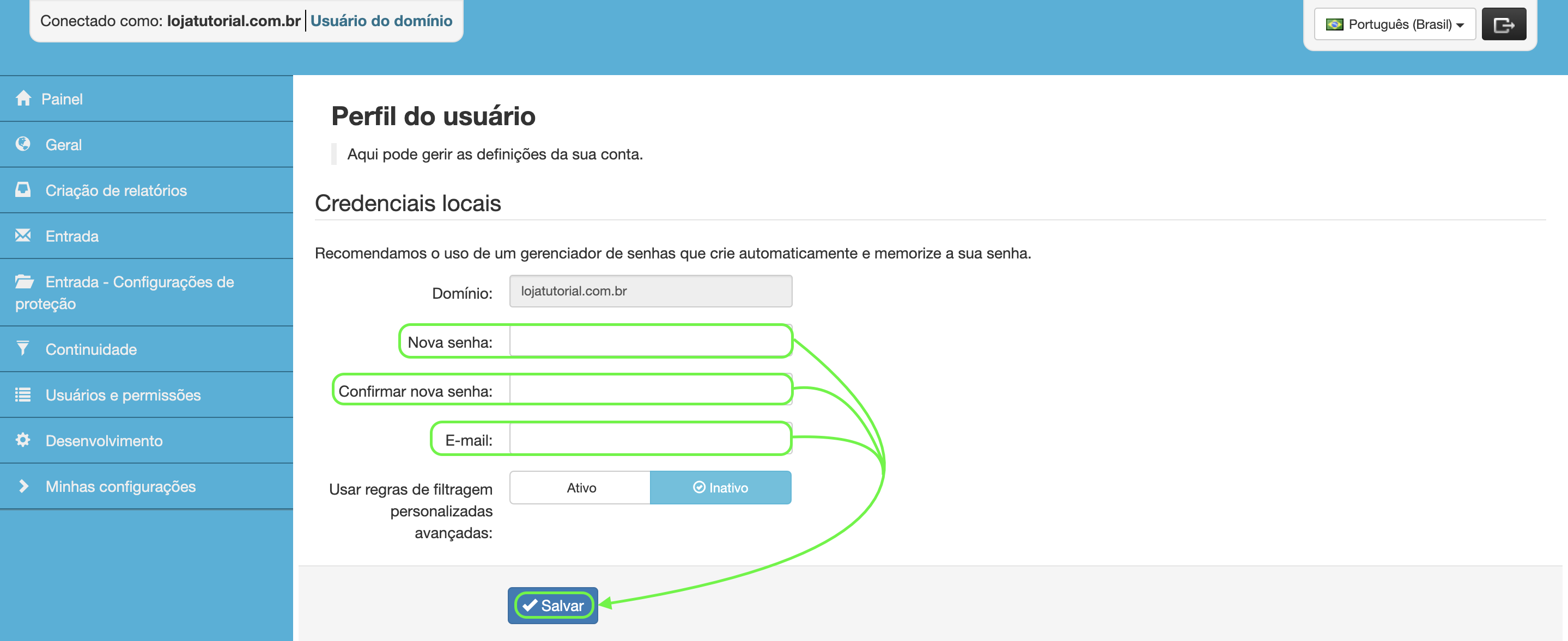 Representação dos campos de preenchimento obrigatório para acessar Spam Experts pela URL