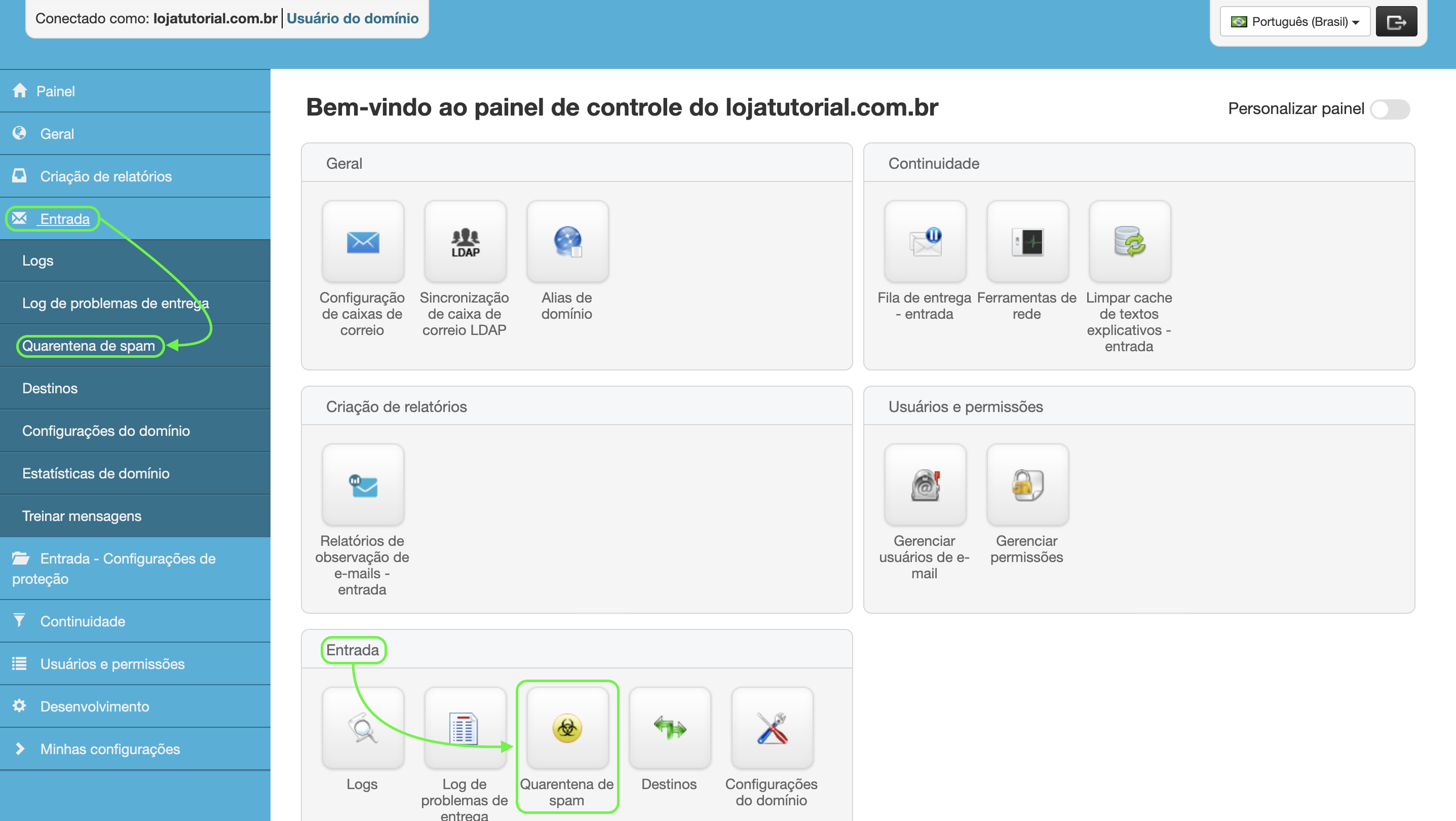 Representação da localização de ambas das opções para "Quarentena de spam"