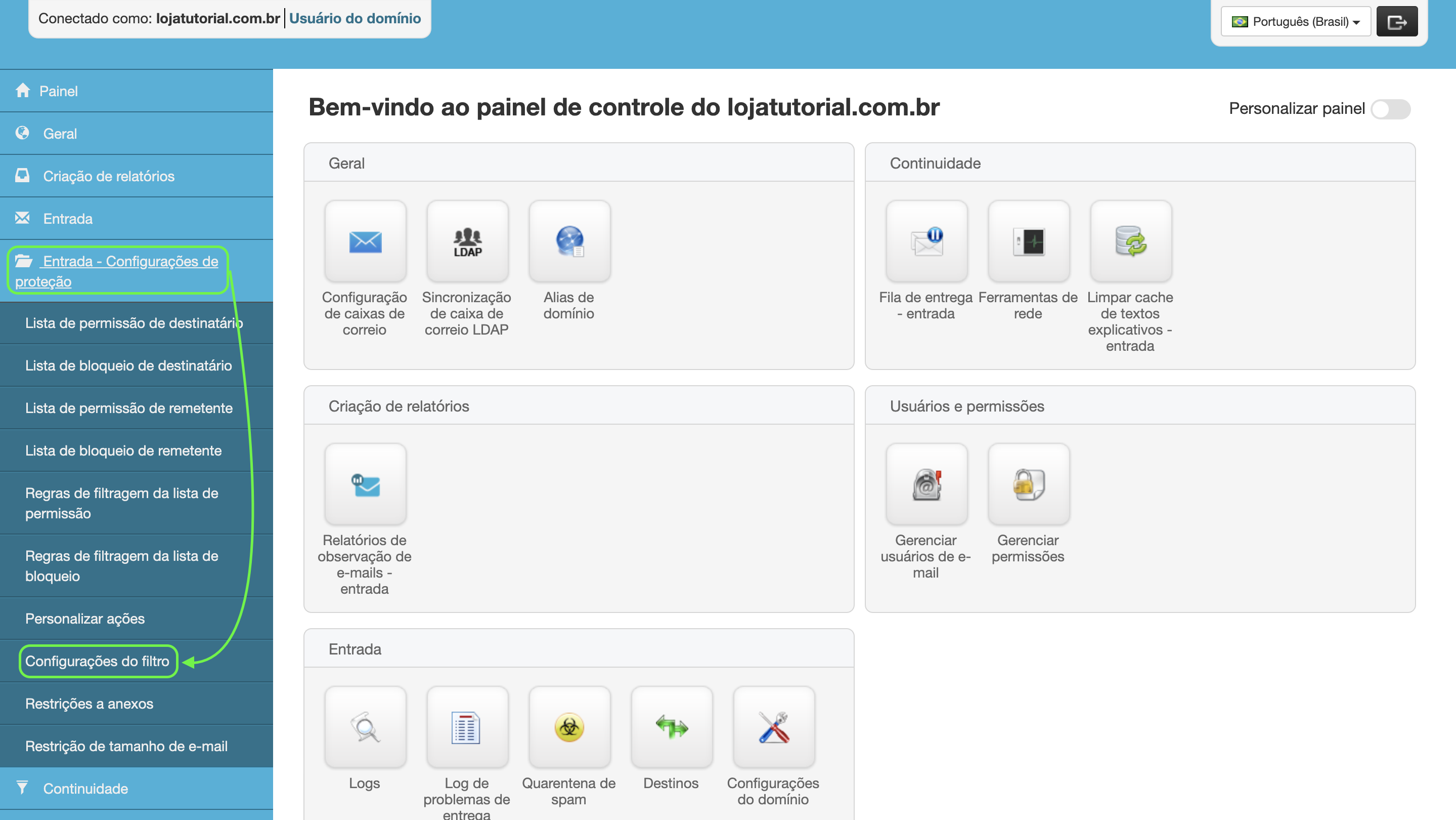 Representação da localização da aba "Entrada - Configurações de proteção" e da opção "Configurações do filtro"