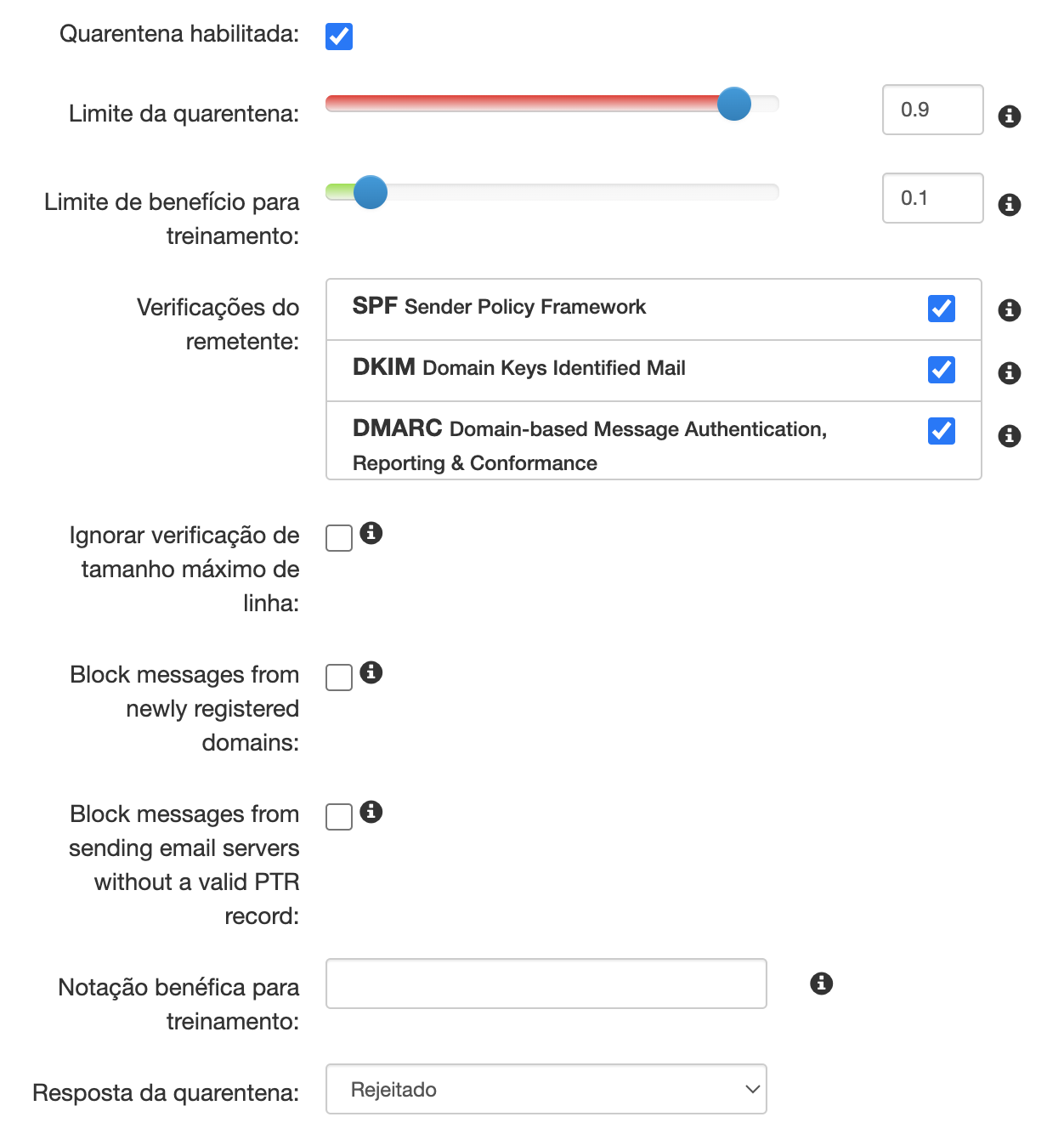 Representação das configurações do filtro